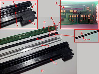 Scanner unit with CIS. A: assembled, B: disassembled; 1: housing, 2: light conductor, 3: lenses, 4: chip with two RGB-LEDs, 5: CIS Overwiew - Scanner unit CIS Canon MP500 5of5.jpg