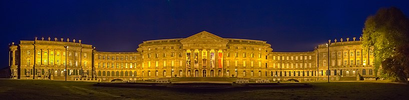 Blue hour panorama shot of the Schloss Wilhelmshöhe ("Wilhelmshöhe Palace") is a palace located in the Bergpark Wilhelmshöhe in Kassel, Germany. Although the site was used already in the 12th century as monastery, and later as a castle, the current palace was constructed between 1786 and 1798 for the Landgrave Wilhelm IX. The palace, as essential part of the Bergpark Wilhelmshöhe became UNESCO World Heritage in July 2013.