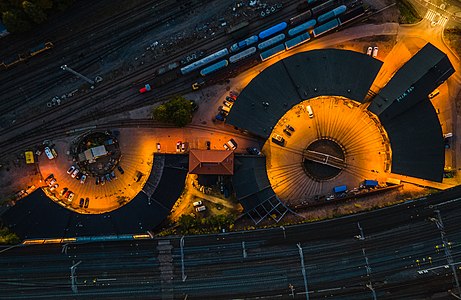 An aerial photograph of Pasila train depots at night Photographer: Ragnar Ljusström