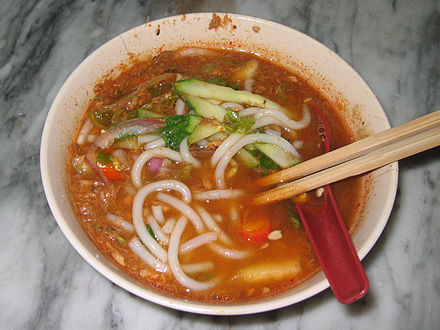 A bowl of Assam Laksa, often called Penang Laksa elsewhere