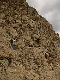 Piesčité slienie - šlíry - neogén (karpat, miocén). Cerová-Lieskové, Viedenská panva, Slovensko (Geologické kladivo je 28 cm dlhé)