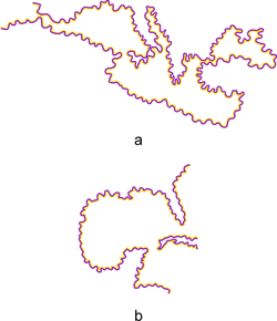 Figure 2. Figure 1 from Pinna (2008). Purple undulated contours adjacent to orange ones are perceived as a map of the Mediterranean Sea (picture a) and the Gulf of Mexico (picture b) evenly colored by a light veil of orange tint spreading from the orange contours (coloration effect). The two shapes show a strong figure-ground segregation and a solid figural appearance comparable to a bas-relief illuminated from the top and to rounded surfaces segregated in depth and extending out from the flat surface (figural effect). On the contrary, the complementary regions appear as empty spaces with the appearance of holes. PinnaScholarpediaFig1.png