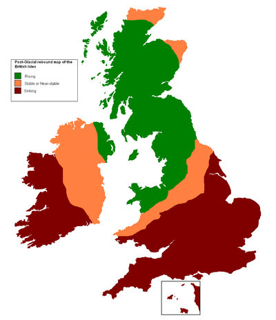Map of Post Glacial Rebound effects upon the land-level of Ireland and the British Isles.