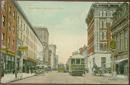 1912 postcard showing Main Street in downtown Bridgeport