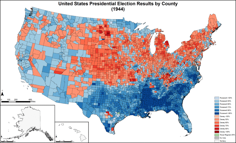 Results by county explicitly indicating the percentage for the winning candidate. Shades of blue are for Roosevelt (Democratic), shades of red are for Dewey (Republican), and shades of green are for "No Candidate" (Texas Regulars).
