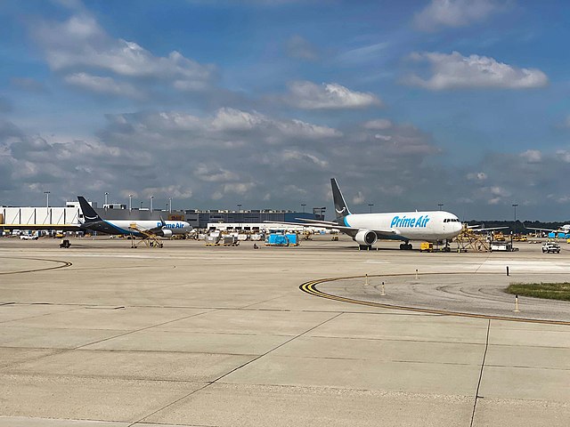 Amazon Air aircraft parked at its main hub at Cincinnati/Northern Kentucky International Airport.