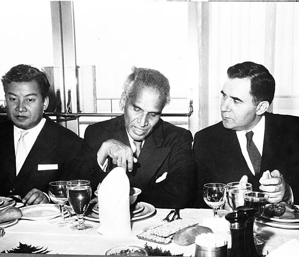 V.K. Krishna Menon (age 62) giving a luncheon in 1958 in honour of His Royal Highness Prince Norodom Sihanouk and Andrei Gromyko, Foreign Minister of 