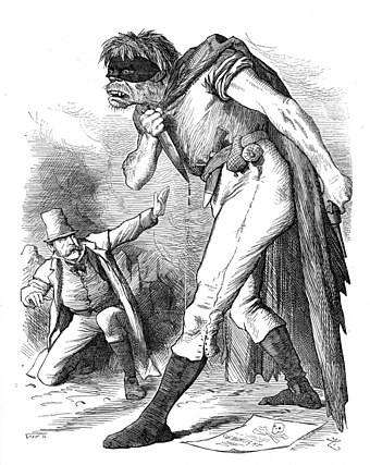 An English editorial cartoonist conceives the Irish Fenian movement as akin to Frankenstein's creature, in the wake of the Phoenix Park murders in an 1882 issue of Punch.[38]