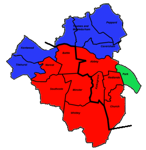 Map of the results of the 2011 Reading Borough Council election. Labour in red, Conservatives in blue and the Greens in green. Reading Borough Council Electoral Make-up 2011.gif