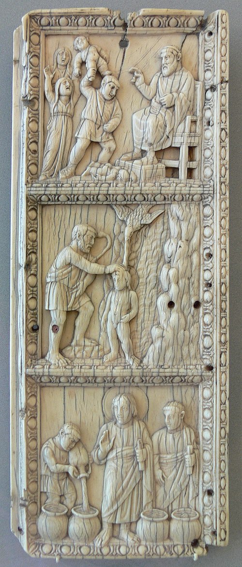 Ivory panel with the Massacre of the Innocents, Baptism of Christ, and Wedding at Cana, 1st third of 5th century