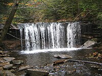 Eine Frontalansicht eines breiten Wasserfalls.  Der Bach fällt als Wasservorhang in ein Tauchbecken.  Es ist Herbst, mit Blättern in verschiedenen Farbstadien an den Bäumen;  einige sind grün und andere sind orange oder gelb.