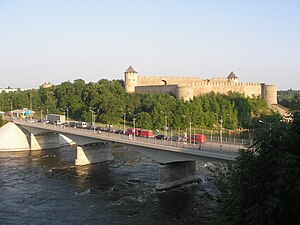 Gränsbron mellan Narva och Ivangorod där riksväg 1 slutar.