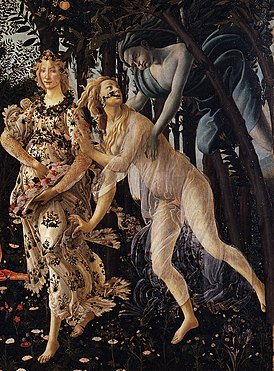 Убегающая нимфа Хлорида, преследующий её Зефир — и Флора, в которую превращается Хлорида. Фрагмент картины Сандро Боттичелли «Весна» (1482)