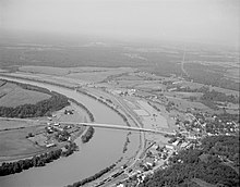 Flooding at Scottsville caused by the passage of Hurricane Camille in 1969 Scottsville Aerial View (7797532376).jpg