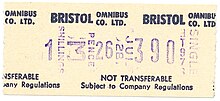 Typical Setright UK bus ticket from 1960 showing left to right: fare paid as 1 shilling and 3 pence, stage boarded as 26, date issued as JUL 28, ticket serial 390, machine number BT976, class of ticket as SINGLE journey Setright ticket BOC 1960.jpg