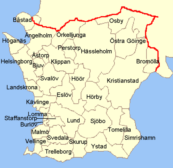 Carte montrant les communes de Scanie