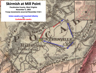 Oley took a northwest route while Schoonmaker took a southwest route to try to cut off Confederate cavalry Skirmish at Mill Point WV Step 2.png