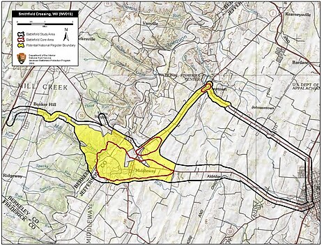 Map of Smithfield Crossing Battlefield core and study areas by the American Battlefield Protection Program. Smithfield Crossing Battlefield West Virginia.jpg