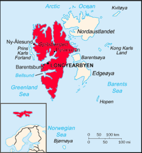 A Spitsbergen (piros színnel) elhelyezkedése Svalbardban.