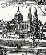 Detalle con la Basílica , 1531-57, grabado en madera "Grandes vues de Cologne"