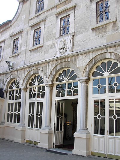 The exterior of the Patriarchal Basilica of St. George located in the Fener district of Istanbul. The facade dates from the mid-19th century and shows a neoclassical influence.