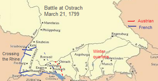 A map of southwestern Germany, where troops wintered in the east and west, on the banks of two rivers; the troops converged at a point in the center.