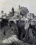 برج جنوب شرقی ارگ و گنبد مسجد عزیزالله در دوره محمدشاه قاجار، نقاشی اوژن فلاندن