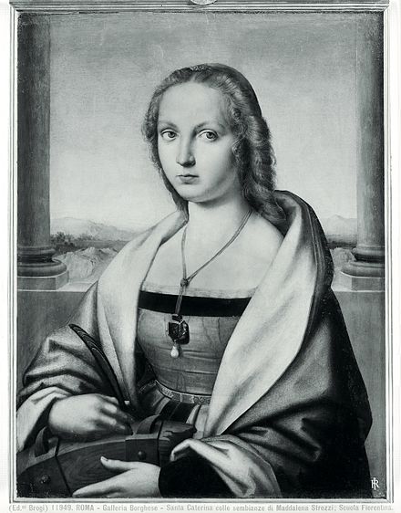 How the painting appeared before the first 20th century restoration, with the sitter as St. Catherine of Alexandria with wheel and palm frond.