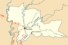 Mapa simplificado de las carreteras y ríos del pueblo (con presencia del Ranc de Banes).