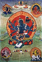 18. st., vzhodno tibetanska thangka, s Samaya Tara Yogini v sredini in modrim, rdečim, belim in rumenim taras v vogalih, Rubin Museum of Art