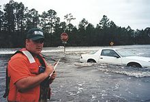 Water from the Tchoutacabouffa River overflowing its banks near the intersection of Old Hwy 67 and MS 15 on September 29, 1998, after Hurricane Georges made landfall.