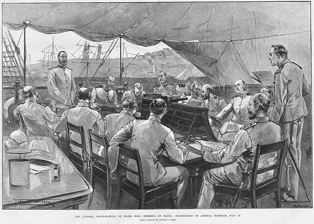 The Victoria court-martial on board HMS Hibernia at Malta, examination of Admiral Markham, 19 July Illustrated London News 1893