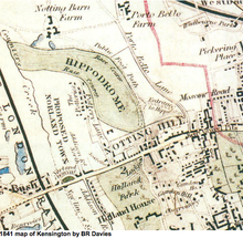 1841 map of the Environs of London, showing the Hippodrome, with Pottery Lane just visible to the left The Kensington Hippodrome, 1841.png