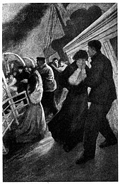 Illustration einer weinenden Frau, die von einem Mann auf dem schrägen Deck eines Schiffes getröstet wird.Im Hintergrund laden Männer andere Frauen in ein Rettungsboot.