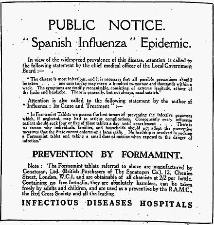 Advertisement in The Times 28 June 1918 for Formamint tablets to prevent 'Spanish influenza'