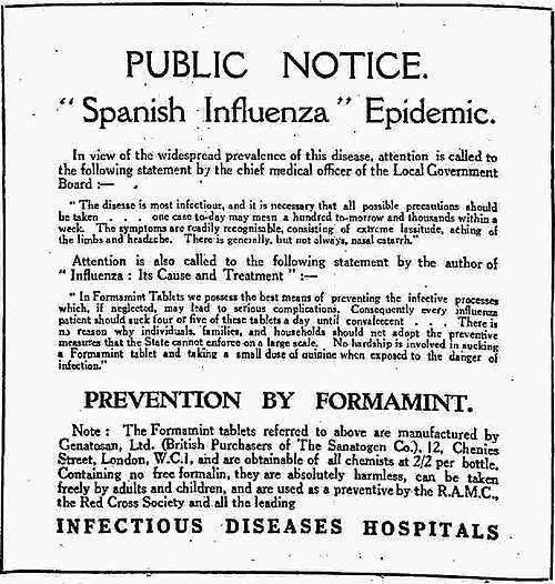 Advertisement in The Times, 28 June 1918 for Formamint tablets to prevent "Spanish influenza"