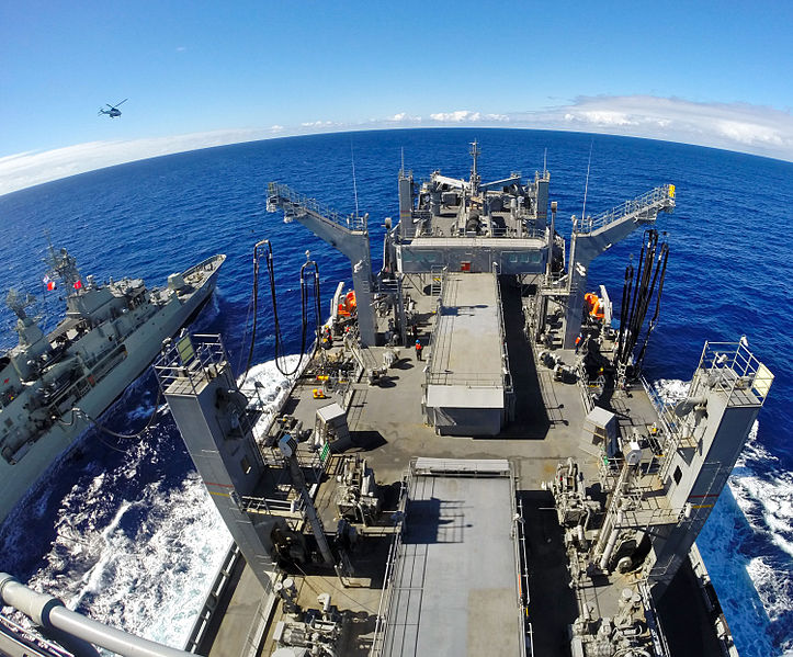 File:The dry cargo and ammunition ship USNS Cesar Chavez (T-AKE 14), right, conducts a replenishment at sea with the Australian frigate HMAS Toowoomba (FFH 156) in the U.S. 7th Fleet area of responsibility April 12 140412-N-ZZ999-020.jpg