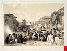 The main street in the bazaar at Kabul, 1842 James Atkinson watercolour painting. The main street in the bazaar at Caubul.jpg