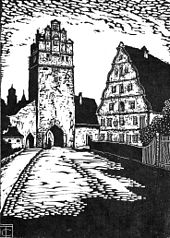Nördlinger Tor mit Stadtmühle (Holzschnitt von Carl Thiemann, Teil einer Dinkelsbühl-Serie)