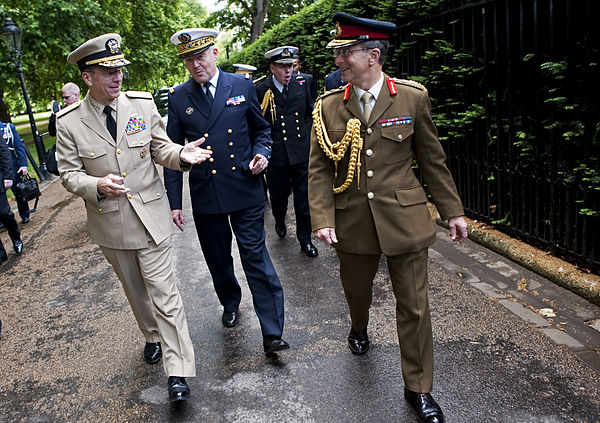 Three CHODs leaving Lancaster House in London, 10 June 2011. L-R: US Navy Adm. Michael Mullen, Chairman of the Joint Chiefs of Staff; French Navy Adm.