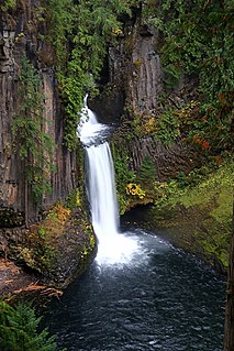 Toketee Falls is a waterfall in Douglas County, Oregon, United States, on the North Umpqua River at its confluence with the Clearwater River. It is located approximately 58 miles (93 km) east of Roseburg near Oregon Route 138.