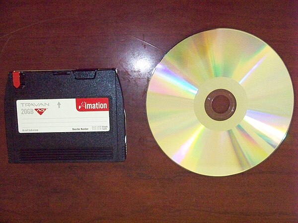 A Travan tape cartridge shown next to a CD-R disc. Travan Tape Cartridge.jpg