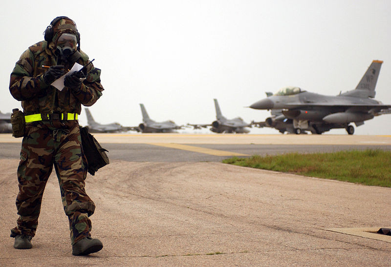 File:U.S. Air Force Staff Sgt. Corey Jones, assigned to the 8th Maintenance Squadron, Kunsan Air Base, Republic of Korea, reviews over his checklist while in chemical warfare gear during an Operational Readiness 070726-F-QA315-019.jpg