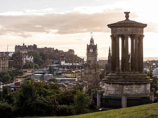 View over Edinburgh, with the Dugald Stewart Monument in the foreground