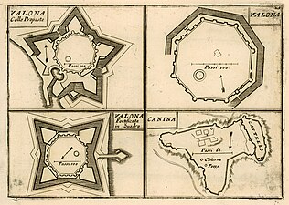 Dessins des fortifications du château de Vlorë et du château de Kaninë en bas à droite.