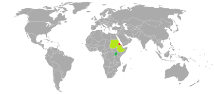 A map showing the visa requirements of Eritrea, with countries in green having visa-free access, countries in lime having visa on arrival