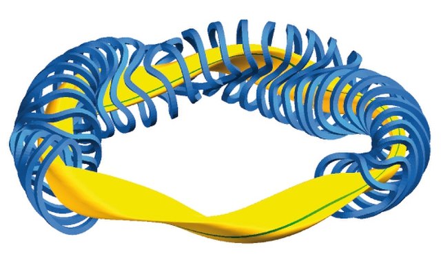 Example of a stellarator design, as used in the Wendelstein 7-X experiment: A series of magnet coils (blue) surrounds the plasma (yellow). A magnetic 