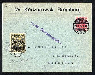 Warszawa local post stamp applied to a cover from Bromberg. The signature to the left side of this stamp is that of M A Bojanowicz author of The Kingdom of Poland. Poland No 1 and associated Postal History Warsaw Local Post 1915 cover.jpg