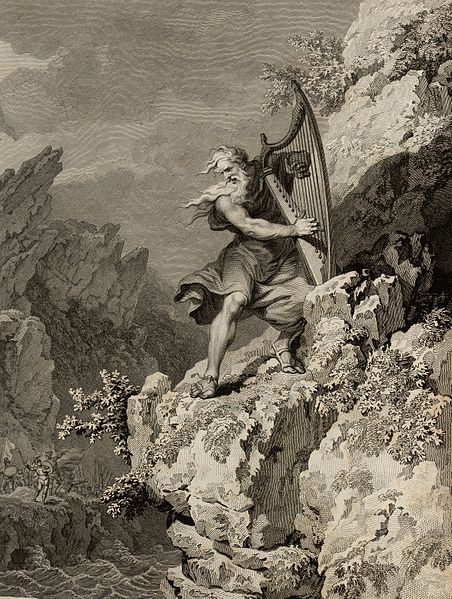 An 18th century depiction of an ancient Druid playing the harp