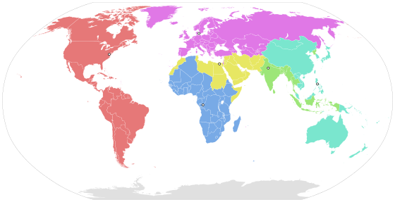 Map of the WHO's regional offices and their respective operating regions.
Africa; HQ: Brazzaville, Republic of Congo
Western Pacific; HQ: Manila, Philippines
Eastern Mediterranean; HQ: Cairo, Egypt
South East Asia; HQ: New Delhi, India
Europe; HQ: Copenhagen, Denmark
Americas; HQ: Washington, DC, USA World Health Organisation regional offices.svg